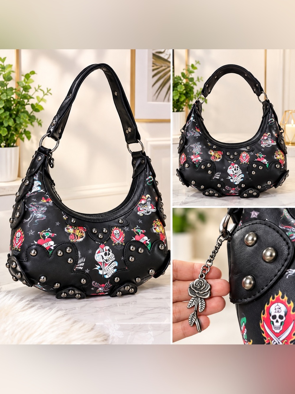 🔥 NWT Ed Hardy Y2K Tattoo Print Studded Hobo Bag Black 🖤